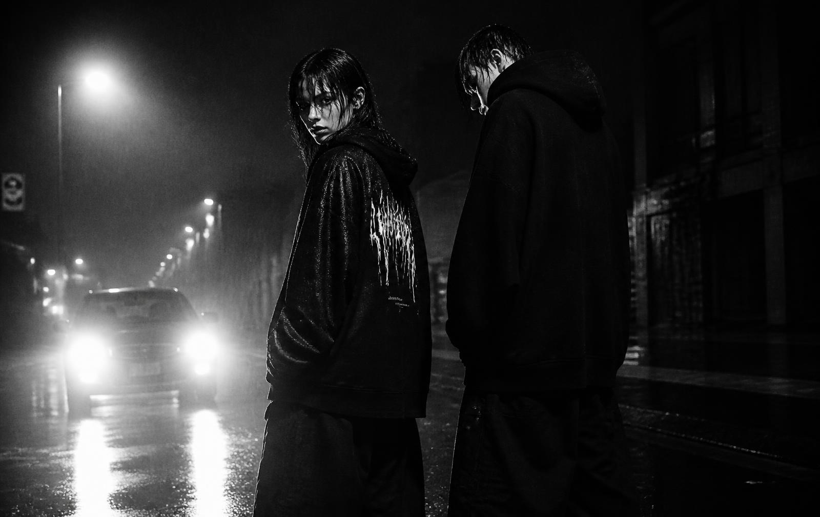 OG CULT editorial campaign — figures on a rain-soaked street at night
